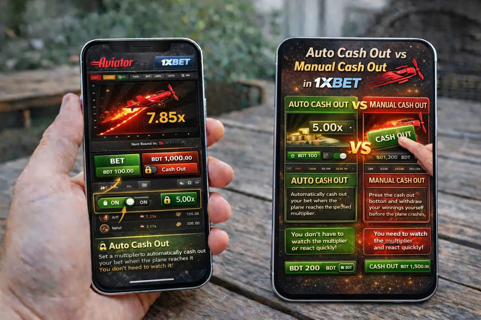 Auto cash out vs manual cash out in Aviator on 1xBet — comparison